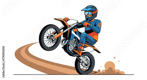 Thrilling Motorbike Stunt Illustrated: Wheelie Action Against a Stark Black Backdrop