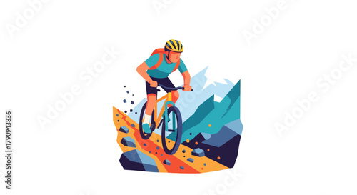 Thrilling Mountain Biker Conquering Rocky Terrain Amid Majestic Snow-Capped Peaks