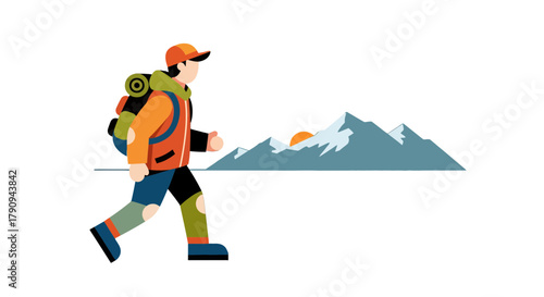 Trailblazing Explorer Striving Towards Mountain Peaks With Sunlit Horizon Views