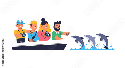 Tourists Witnessing Dolphins Dancing in the Ocean, Delight and Wonder