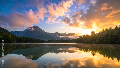 Wallpaper Mural Serene mountain lake reflects a vibrant sunrise sky with billowing clouds and lush green trees along the shore Torontodigital.ca