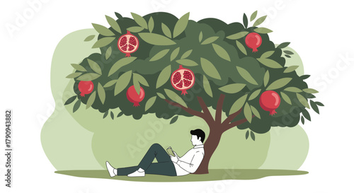 Tranquil Moment Under a Fruit Tree: Reading and Relaxation in a Shady Spot