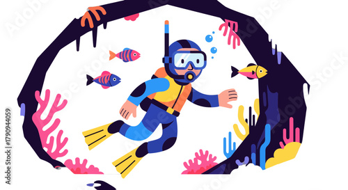 Thrilling Scuba Dive Exploring Marine Life Inside Of A Submerged Underwater Cave Scene