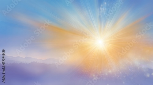 Bright sunlight breaks over distant mountains, illuminating the sky with warm hues of orange and yellow. A tranquil scene captures the beauty of a new day beginning.