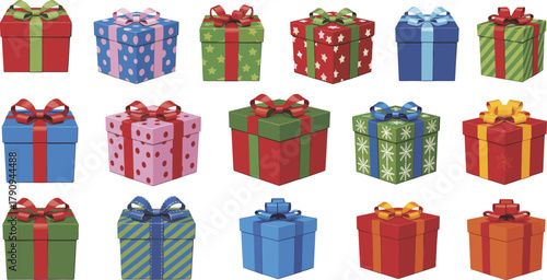 Colorful Christmas gift boxes set, festive wrapped presents with bows and ribbons, decorative holiday packaging icons, seamless vector illustration for seasonal design