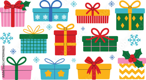 Festive Christmas gift boxes collection, colorful presents with bows and holly, flat vector illustration, winter holiday design, snowflakes, seamless seasonal background