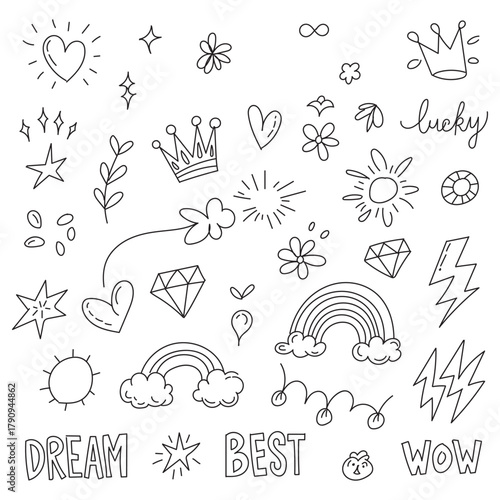 Set of hand-drawn doodle elements including hearts, stars, lines, sparkles, and smiley faces. Perfect for social media, notes, and scrapbooking