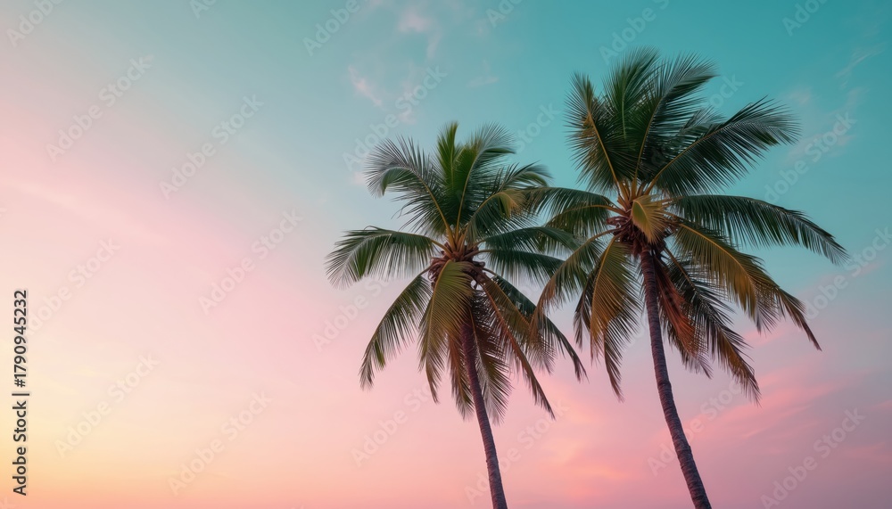 Obraz premium Green coconut palm trees stand against colorful twilight sky. Tropical background with beautiful pink, blue pastel sunset gradient. Serene summer vacation view from below on exotic island. Calm