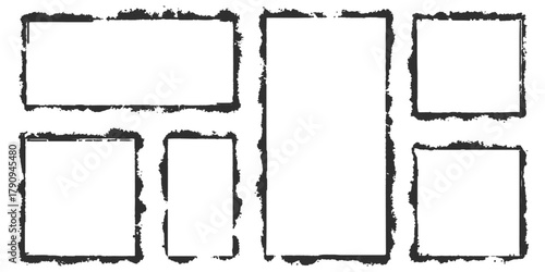 Distressed grunge frames set, various shapes, rough border texture, empty spaces design.