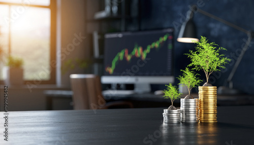 Watch your investments grow strong and tall with thriving trees emerging from stacks of coins, symbolizing financial success and prosperity in a modern office.