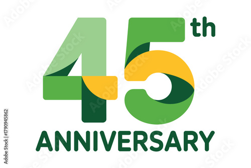The number 45 is shown prominently in green and yellow with the word ANNIVERSARY below it in green.