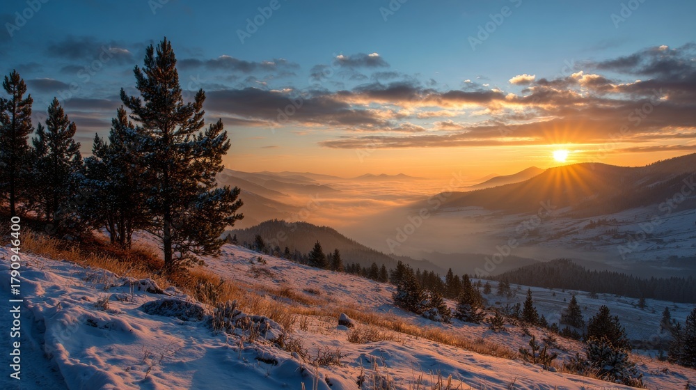 Fototapeta premium Stunning winter landscape with bright orange and golden sunset rays breaking through clouds over snow-covered mountain ranges, pine trees on foreground slope, misty valley below, blue sky.