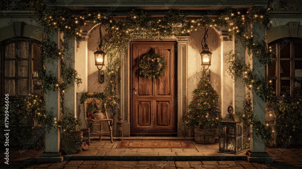 Fototapeta premium lux front porch entry door christmas tree warm lights garland lantern festive cozy welcoming holiday decor charming rustic home exterior night elegant seasonal inviting warm glow entrance wreath sant