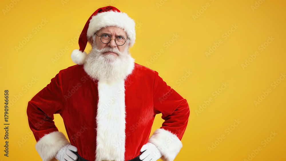 Naklejka premium Santa Claus poses with a playful yet serious expression against a bright yellow background,