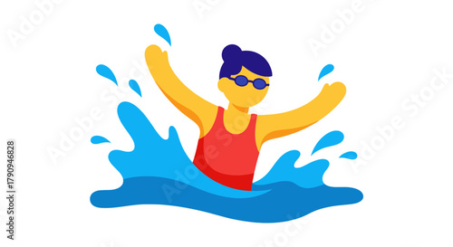 Swimming Illustration: Animated Figure Enjoying Watersports Activities, Minimalist Design