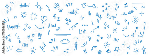 Line arrow, star, heart cute icon elements. Hand drawn sketch heart, arrow, star, flower decoration symbols. Simple sketch line style emphasis, attention, graphic elements. Vector illustration