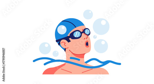 Swimming Illustration Depicting a Person Underwater with Bubbles on Black Background