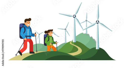 Sustainable Adventures: Eco-Friendly Hiking with Wind Turbines in a Green Landscape