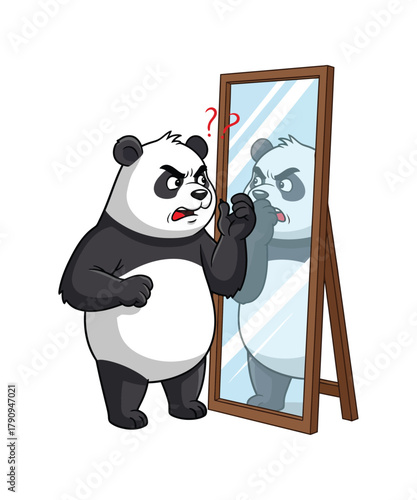 Confused Panda Looks in Mirror with Question Marks