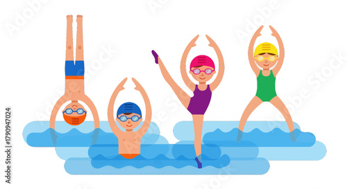 Swim Team Practicing Artistic Movement Poses While Training And Exercising In The Water