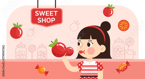 Sweet Shop Delight: A Joyful Illustration of a Child Choosing Delicious Candies To Eat