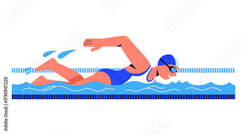 Swimming Athlete Demonstrating Freestyle Stroke in Flat Modern Artistic Illustrated Style