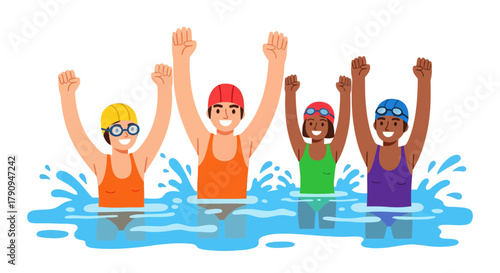 Swimming Team Celebrates Triumphantly In The Water With Joy and Exhilaration