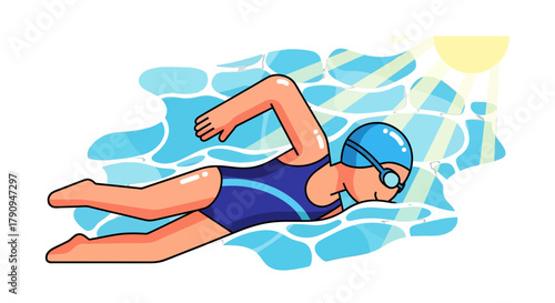 Swimming Athlete Effortlessly Gliding Through Waters Illuminated by Morning Sunlight