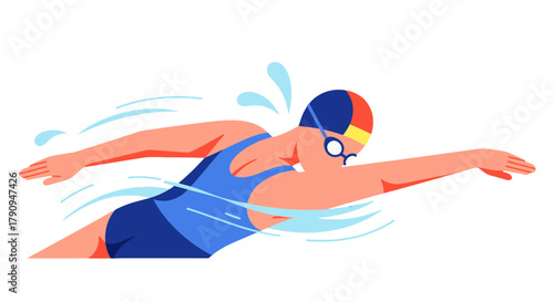 Swimming Athlete Illustrated in a Dynamic Pose Amidst Aquatic Elements Against Darkness