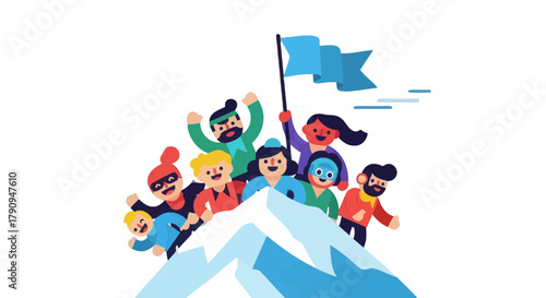 Team Achieves Peak Success: A Dynamic Celebration atop a Mountain of Triumph