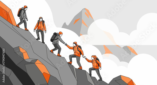 Team Of Hikers Assisting Each Other In Reaching The Mountain Summit With Determination