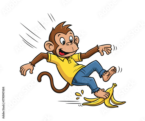 Cartoon Monkey Slips on Banana Peel
