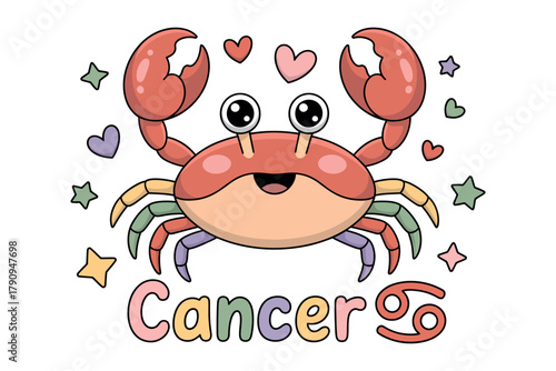 A cute cartoon crab is depicted with hearts and stars, representing the Cancer zodiac sign.