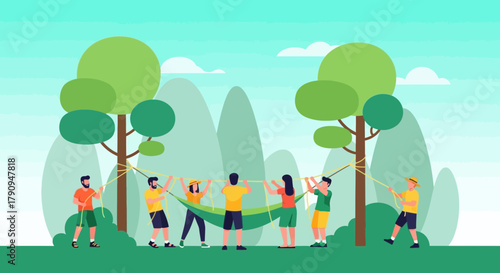 Teamwork And Community: Preparing A Hammock For Recreation And Relaxation Outdoors Together Indeed