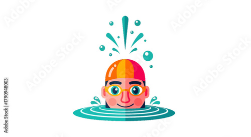 Swimming Enthusiast Emerging From Water With Joy Under A Vibrant, Colorful Swim Cap