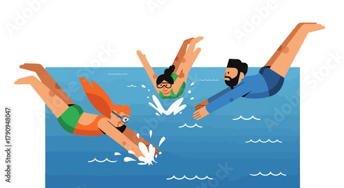 Swimming Enthusiasts Leap Into The Refreshing Blue Pool, Energetic Summer Fun