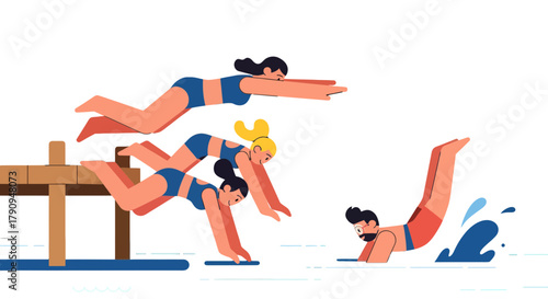 Swimming Friends Enjoy The Dive On The Summer Vacation Into The Refreshing Blue Water