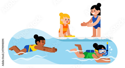 Swimming Friends Enjoying Summer Fun Activities in a Refreshing Bright Blue Pool