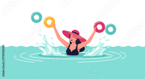 Swimming Fun: Delightful Woman Enjoys Pool Time, Surrounded by Water and Floats
