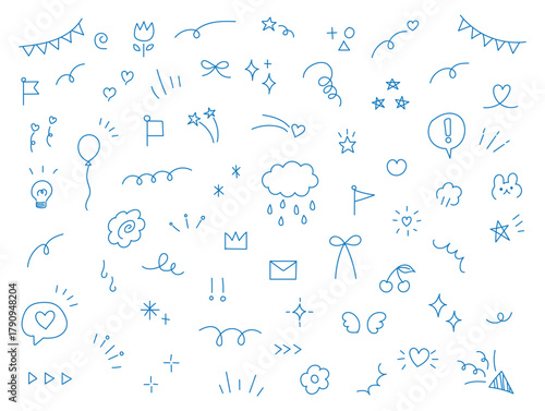 Line arrow, star, heart cute icon elements. Hand drawn sketch heart, arrow, star, flower decoration symbols. Simple sketch line style emphasizes abstract elements on chalkboard. Vector illustratiPrint