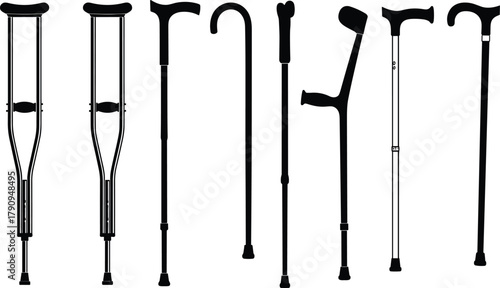 Medical crutch and walking cane collection, mobility support equipment for elderly and injured people, healthcare orthopedic aid tool vector illustration, silhouette style
