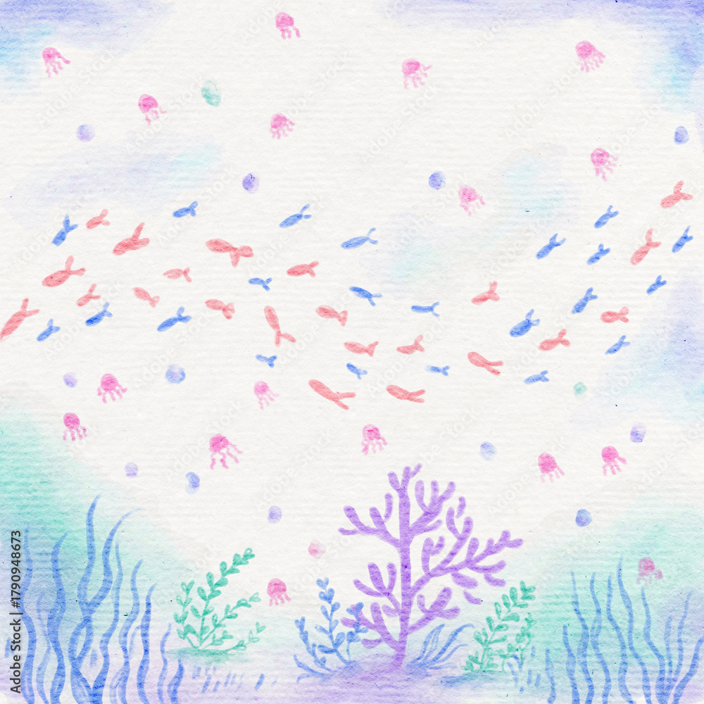 Naklejka premium Undersea watercolor painting with high-quality paper texture.