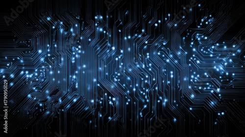 Abstract glowing blue circuit board lines against a dark background.