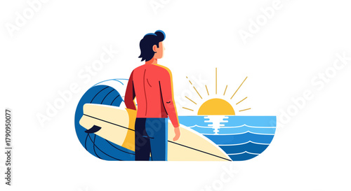 Surfer Contemplating Oceanic Vista At Sunset With Surfboard In Hand