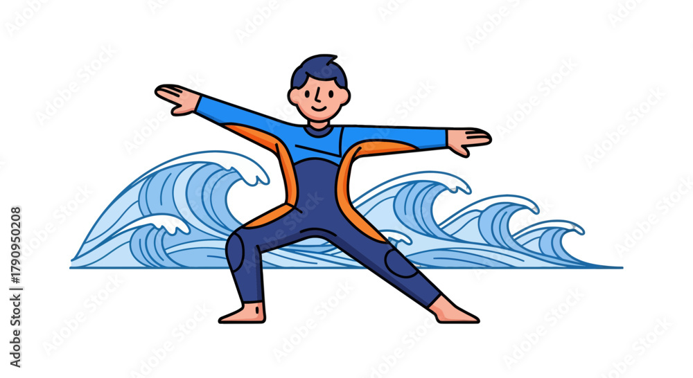Fototapeta premium Surfer In Wetsuit Practicing Yoga Pose Above The Aquatic Animated Big Wave on Black Backdrop