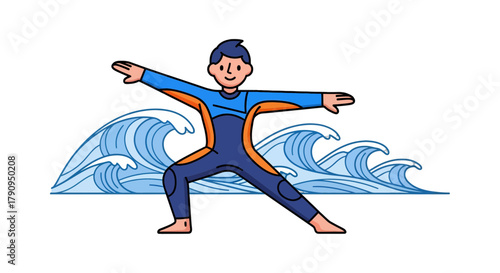 Surfer In Wetsuit Practicing Yoga Pose Above The Aquatic Animated Big Wave on Black Backdrop