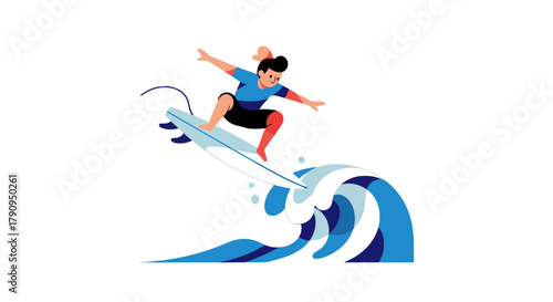Surfer On A Wave, Vibrant Illustration Of Summer Activity Against Black Background