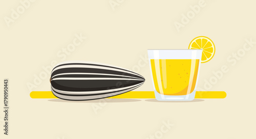 Sunflower Seeds and Fresh Juice with Lemon Slice on Light Background Illustrated