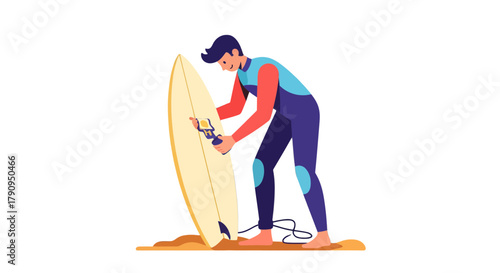 Surfer Preparing His Surfboard, Ready To Enjoy The Waves And The Ocean Adventures