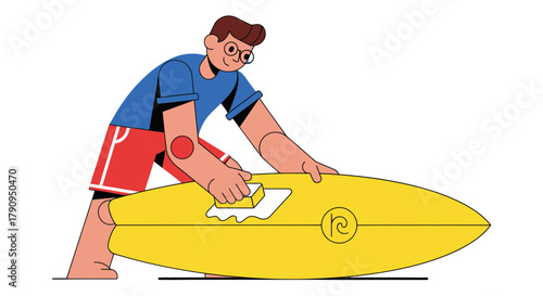Surfer Preparing His Surfboard, Applying Wax Before Paddling Into the Waves for Fun